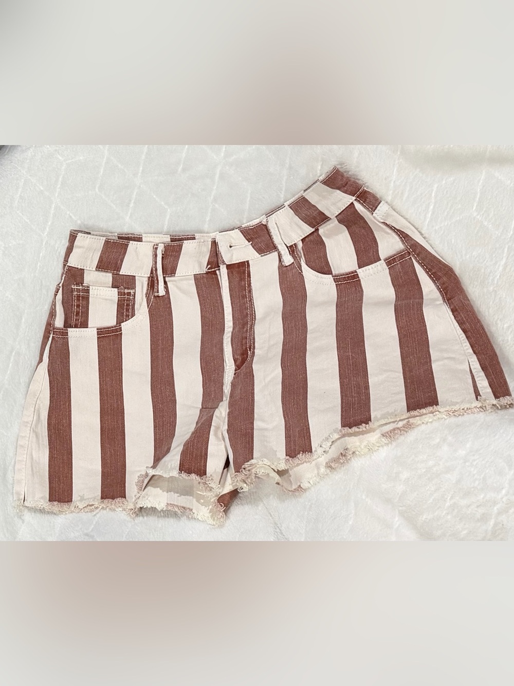 Altar'd State Vertical Stripe High-Rise Shorts — Cream & Brown